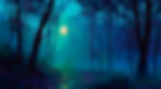 Moonlit forest with tall trees, glowing blue and green hues, a misty path, and a serene atmosphere. No text present.