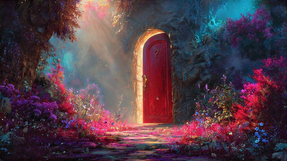 Mystical garden with vibrant flowers surrounds a glowing red door set in stone. Sun rays stream through, creating an enchanting, magical scene.