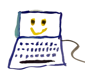 Painting of laptop with face on screen