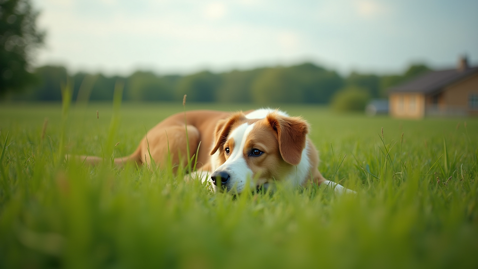 Brown and white dog rests in a grassy field, gazing calmly. A house is blurred in the background under a clear blue sky.