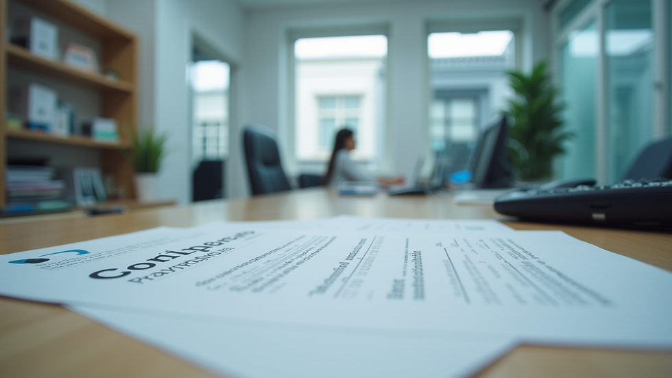 Eye-level view of a healthcare office with compliance documents on a desk