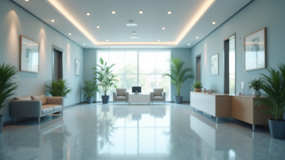 Eye-level view of a clean and organised healthcare facility reception area