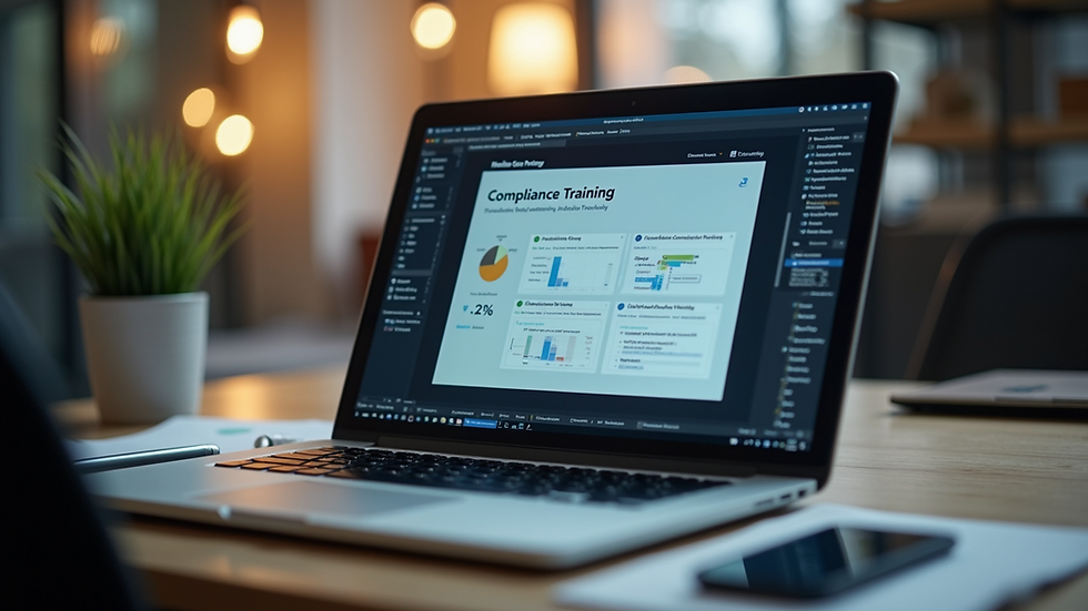 High angle view of a laptop screen displaying an online compliance training module
