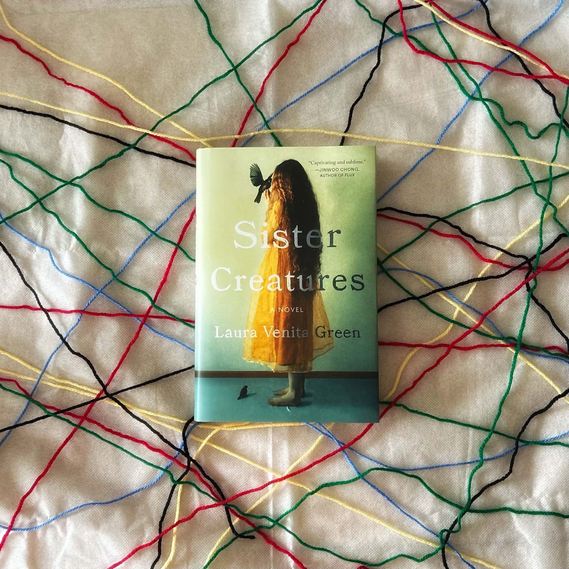 Sister Creatures book sitting on top of lengths of yarn