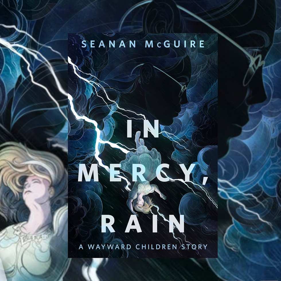 the cover for the short story In Mercy, Rain by Seanan McGuire, dark blues and blacks with lightning striking and a girl falling from the sky with a lady's silhouette wearing glasses in the background