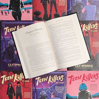 the book Teen Killers at Large open to a chapter called Fear No Deere on a grid of the complete Teen Killers Club trilogy