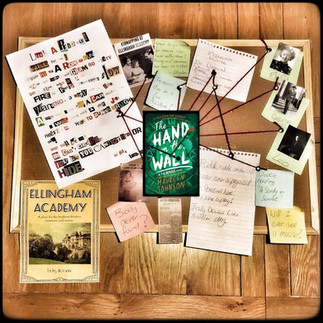 Hand on the Wall surrounded by a murder board with strings connecting clues