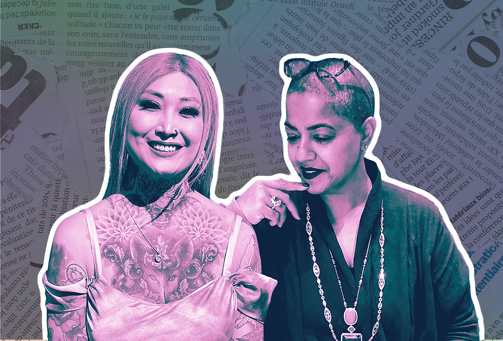 A graphic collage of advocates Eva Echo and Saba Ali, who recently won a landmark tribunal case in the UK relating to trans rights.