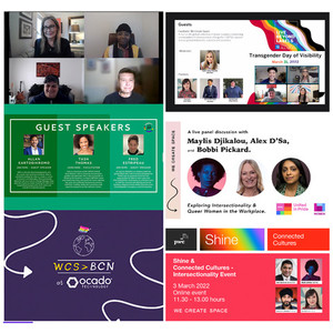 A collage of flyers for WCS corporate events, including advertisements for webinars and in-person events, featuring photos of speakers