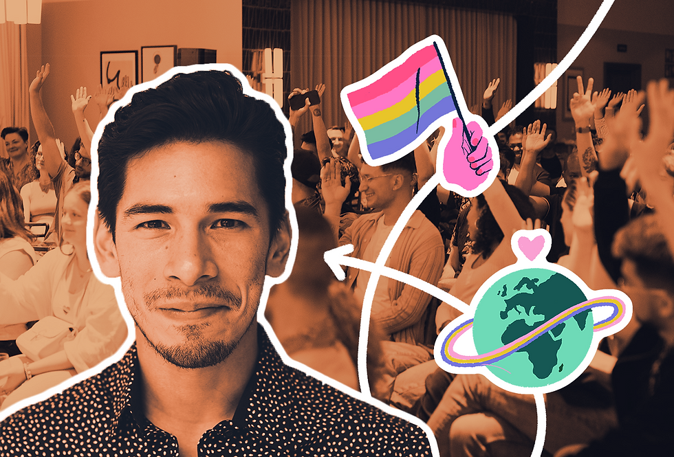 A graphic collage showing an image of JD Valladares-Williams, overlaying a photo of a crowd clapping. To the right are stickers of a hand holding a rainbow flag and a globe wrapped in a rainbow.