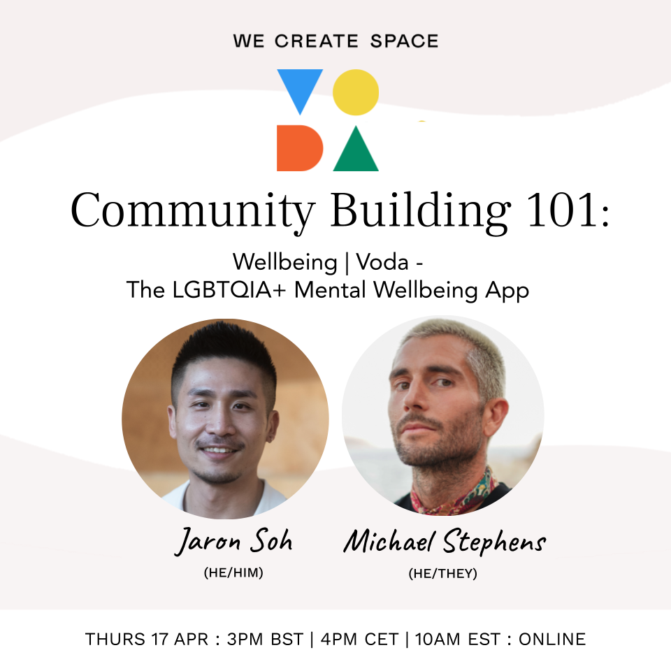 A flyer for the WCS x Voda Community 101 Event on Wellbeing, featuring speakers Jaron Soh and Michael Stephens