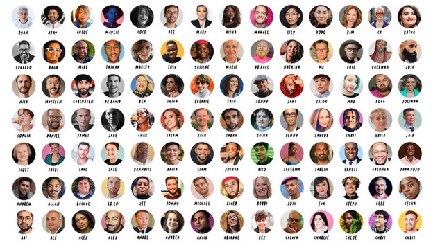 A collage showing 98 of the members of the WCS collective. They are all queer people of varying genders and skin tones.