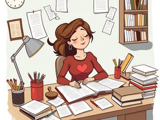 A woman with a heart shirt writes at a cluttered desk, surrounded by papers and books. She's calm, with a bookshelf and clock in the background.