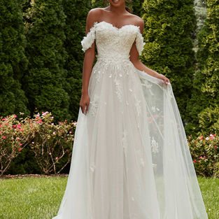 Whimsical A-line has botanical pearl and crystal beading with 3D floral accents on a glittering sparkle tulle skirt.

Petunia is a whimsical A-line featuring a sweetheart bodice designed with botanical pearl and crystal beading. 

Three-dimensional floral appliqués accent the bodice and detachable off-the-shoulder sleeves creating a floral fantasy. 

The soft A-line silhouette floats off the body with gossamer tulle over sparkle tulle for an ethereal sparkle. 
