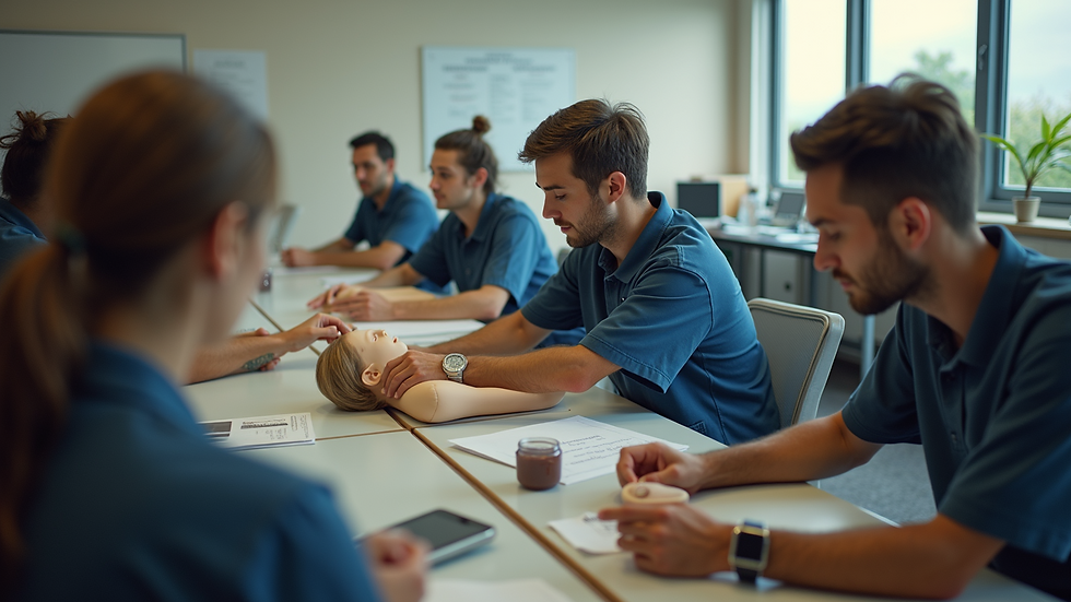High angle view of a classroom with participants practicing first aid techniques