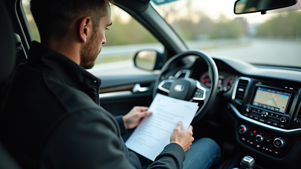 High angle view of a professional driver checking documents before a journey