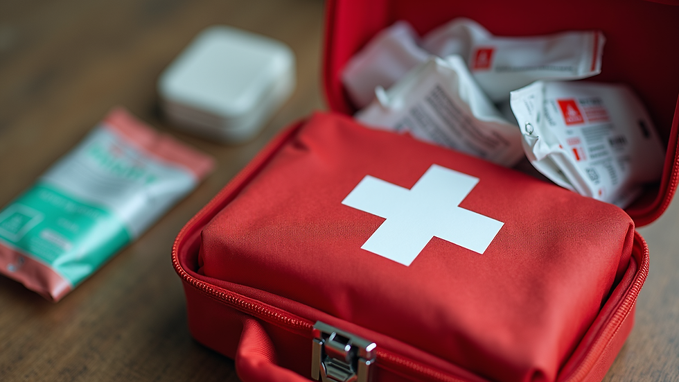 Close-up view of a child’s first aid kit with essential supplies