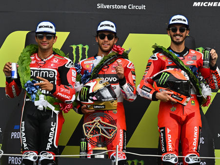 Podium MotoGP Inggris 2024 (ki-ka) Jorge Martin-Enea Bastianini-Francesco Bagnaia