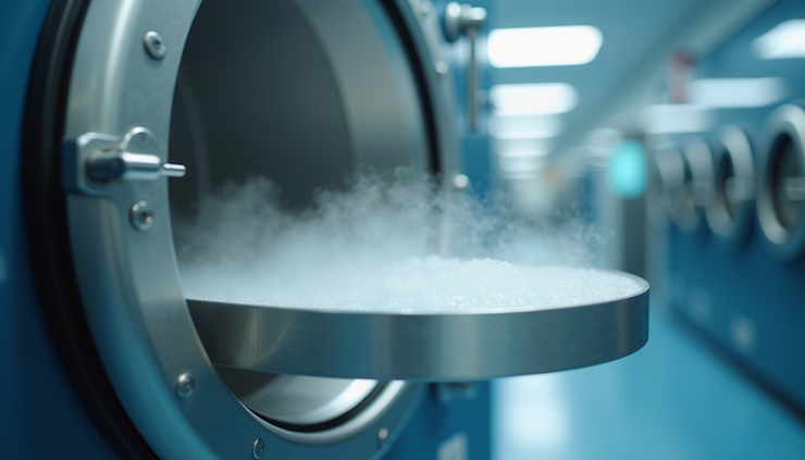 Close-up view of steam sterilizer chamber with visible steam inside