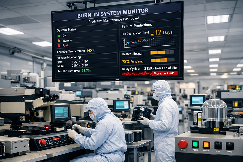 Eye-level view of a burn-in system control panel with predictive maintenance dashboard