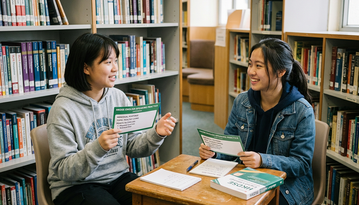Eye-level view of two students practising HKDSE English speaking with cue cards in a library corner
