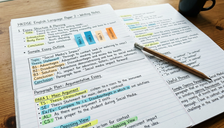 Close-up view of handwritten English writing notes and highlighted paragraph plans