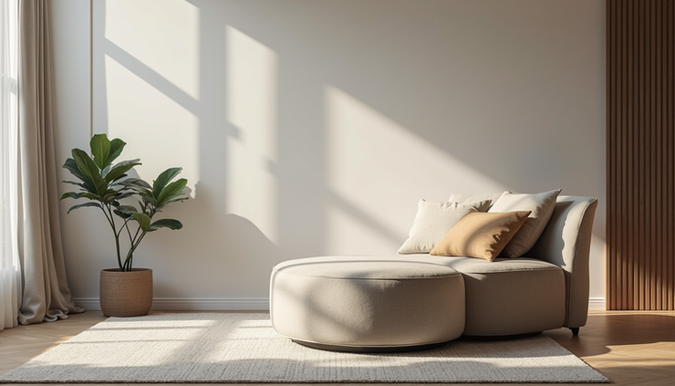 Close-up view of a stylish storage ottoman in a modern living room