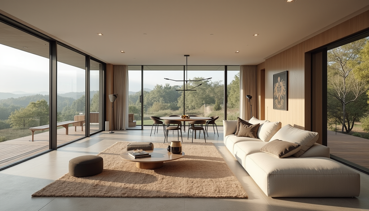 High angle view of an open-plan living area with distinct seating and dining zones