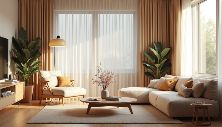 Eye-level view of a cozy living room with natural light and modern furniture