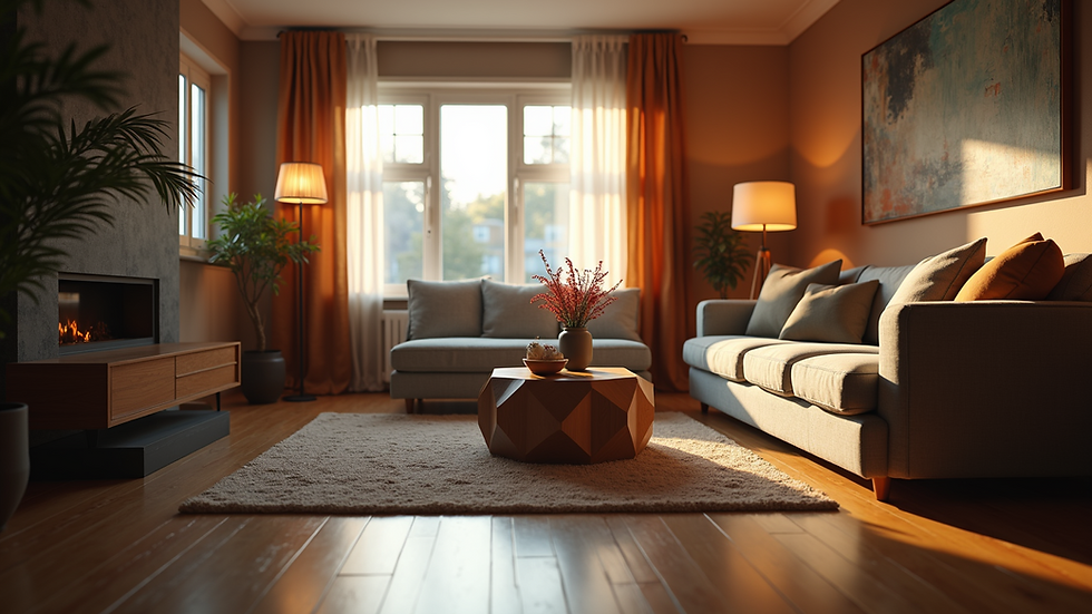 Eye-level view of a cozy living room with warm lighting and modern furniture