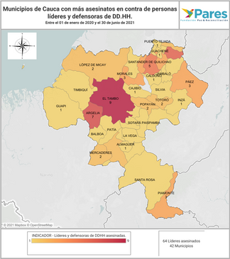 Municipios de Cauca con más asesinatos en contra de personas líderes y defensoras de DD.HH. entre el 01 de enero de 2020 y el 30 de junio de 2021