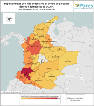 Departamentos con más asesinatos en contra de personas líderes y defensoras de DD.HH. entre el 01 de enero de 2020 y el 30 de junio de 2021
