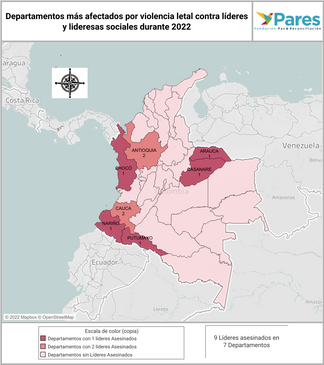 Mapa Departamentos más afectados por violencia letal contra líderes y lideresas sociales durante 2022
