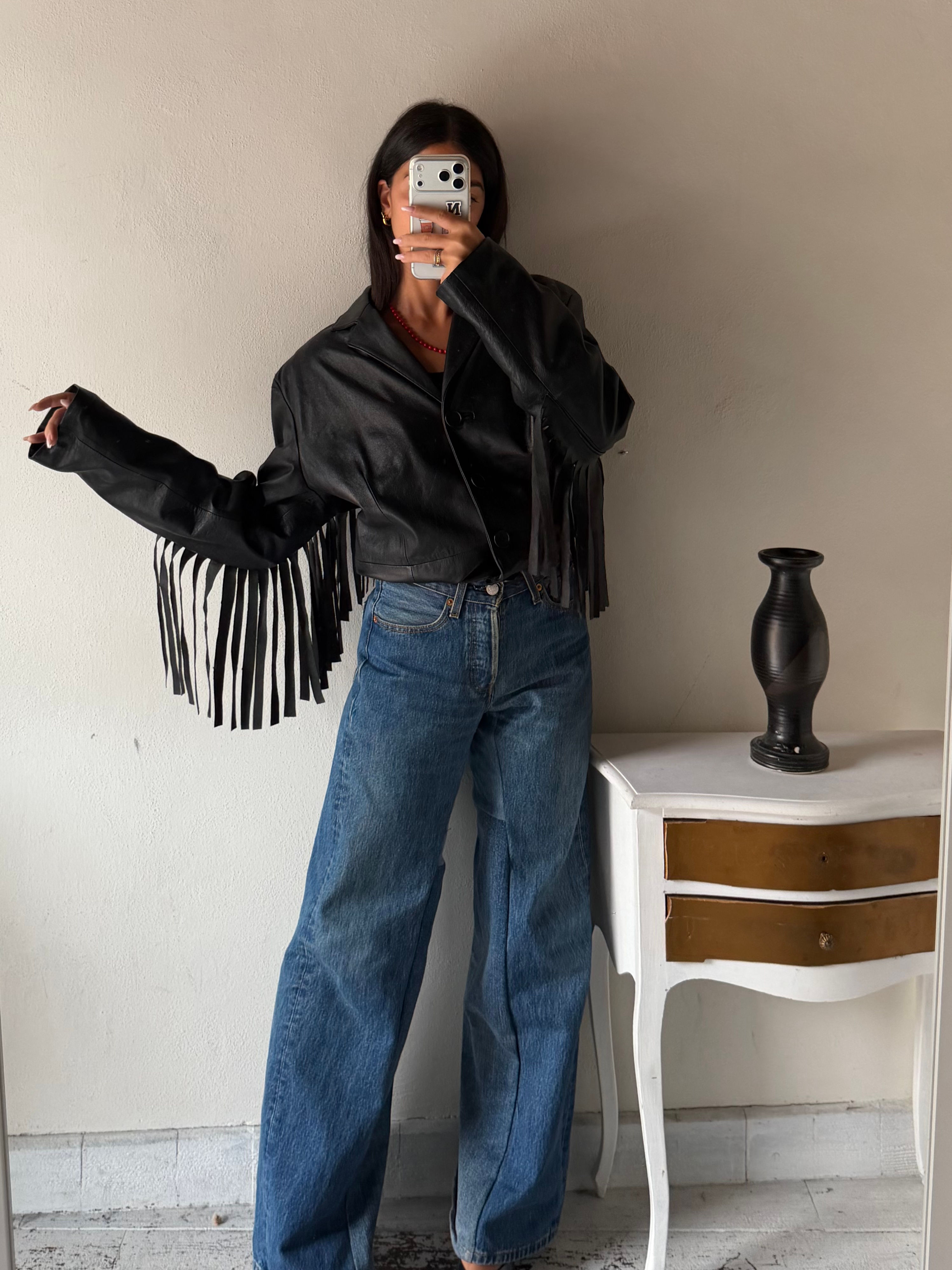 Real leather black fringes bomber