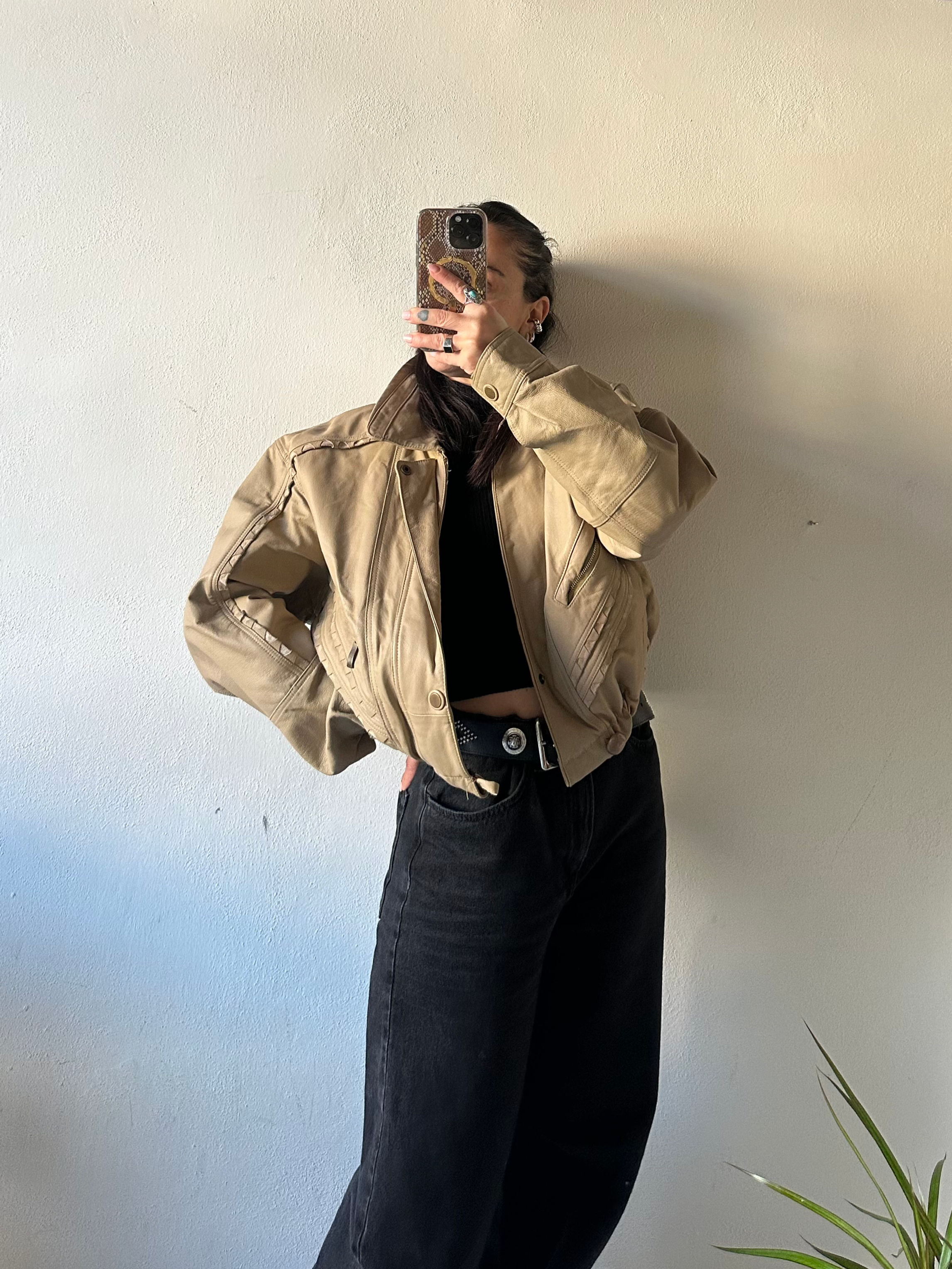 Cream real leather bomber