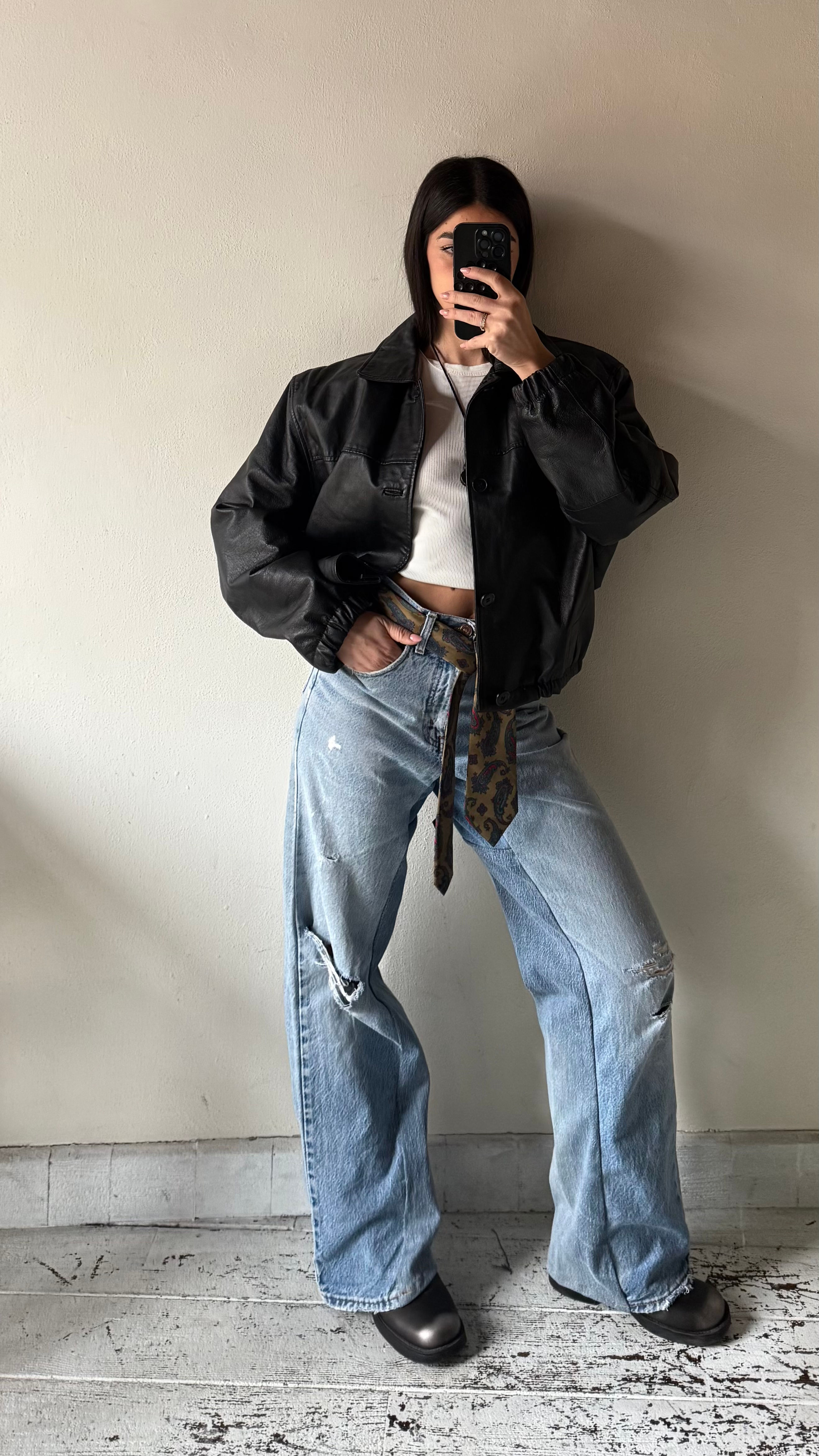 Black real leather bomber