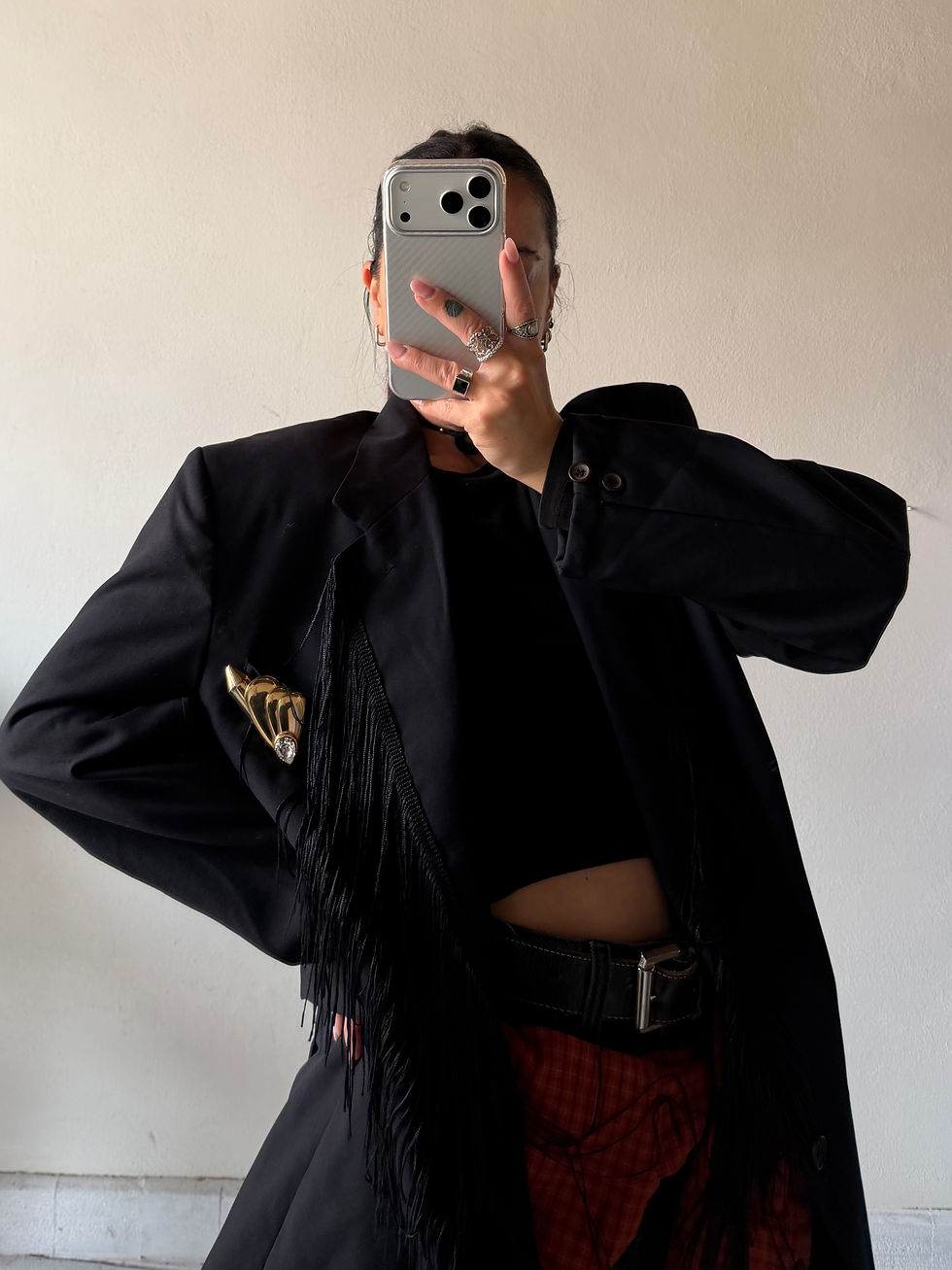 Miniatura: Black  upcycling fringes blazer 
