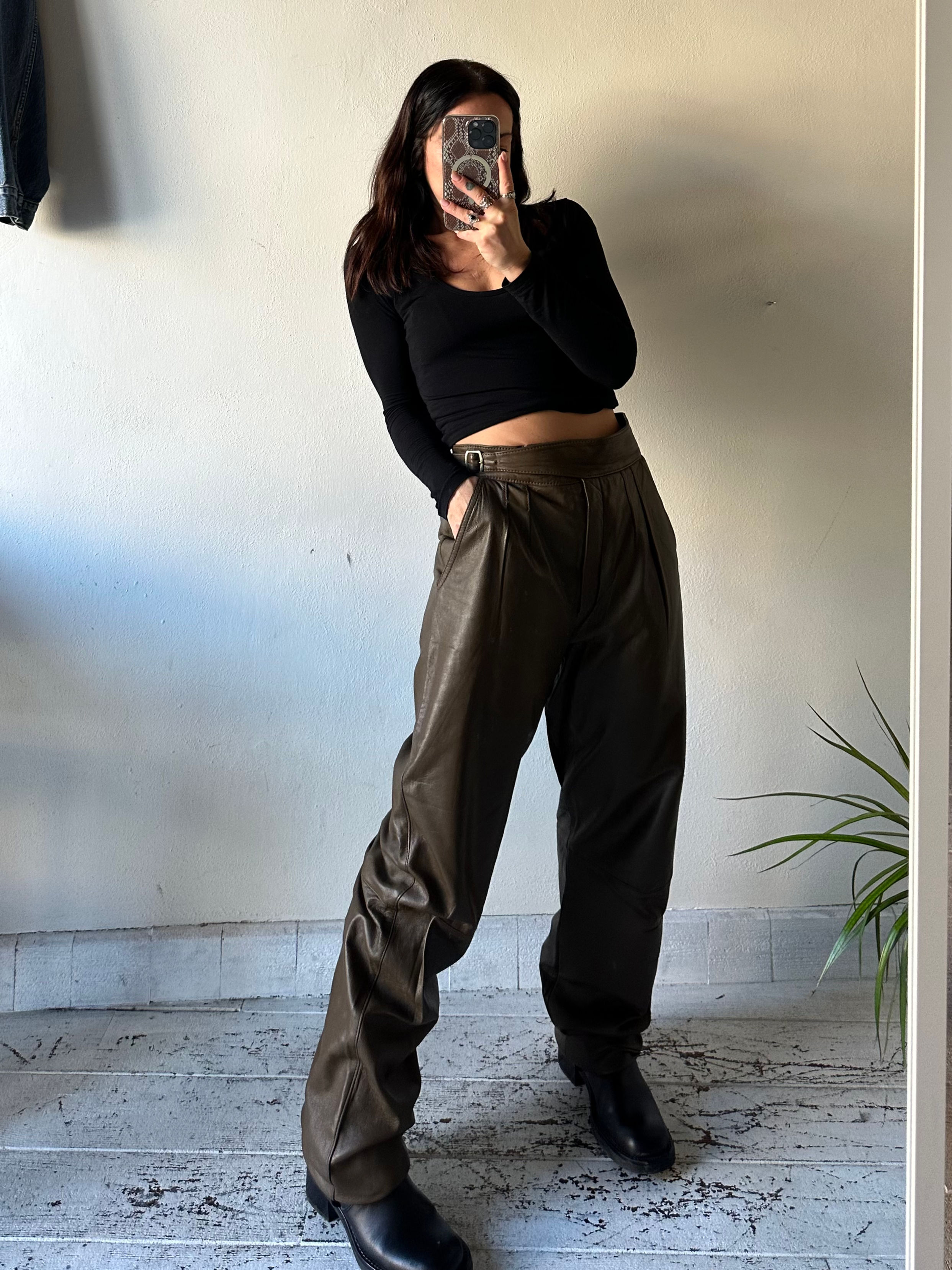 Real leather coffee pants