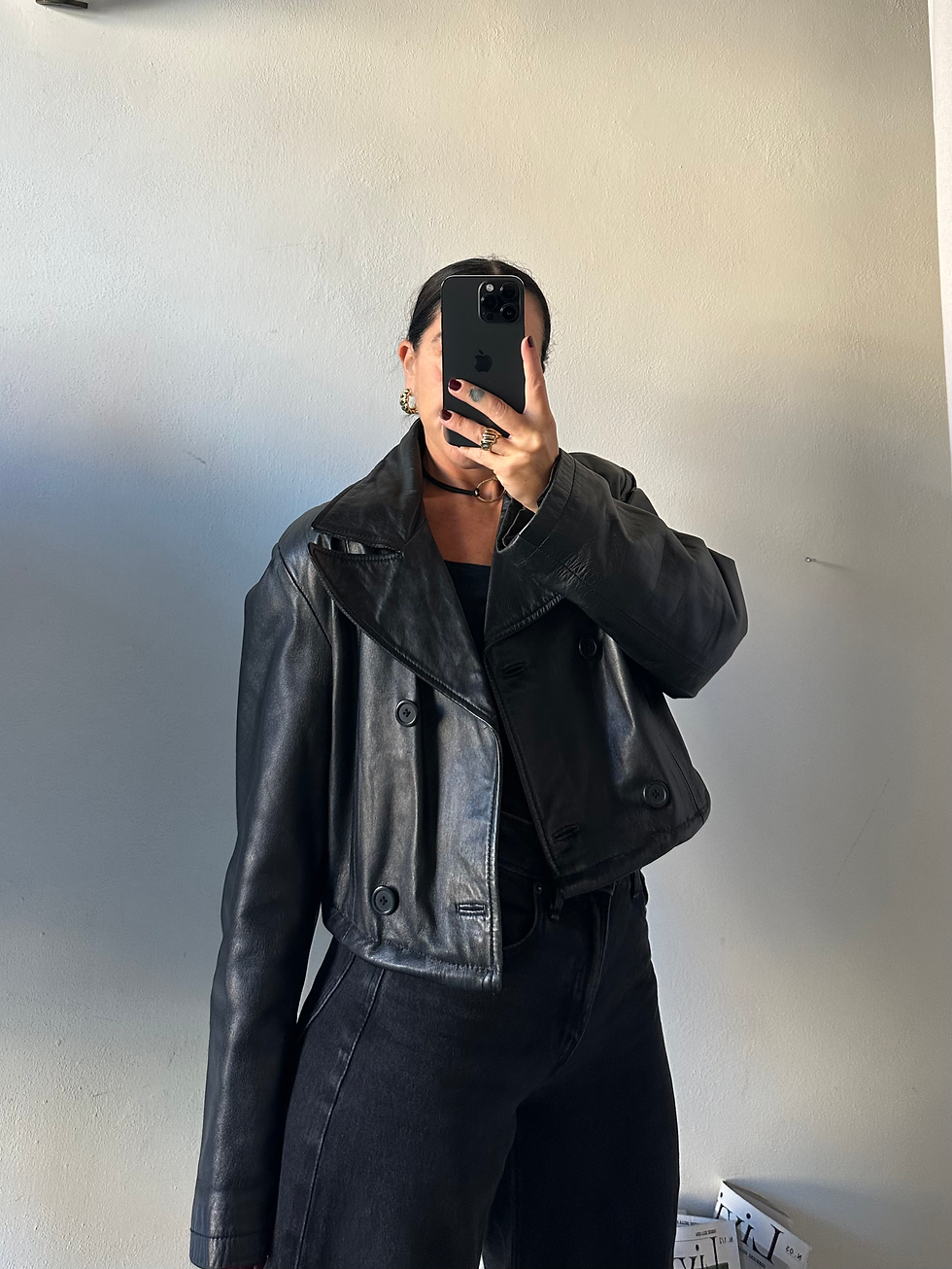 Real leather cropped black trench