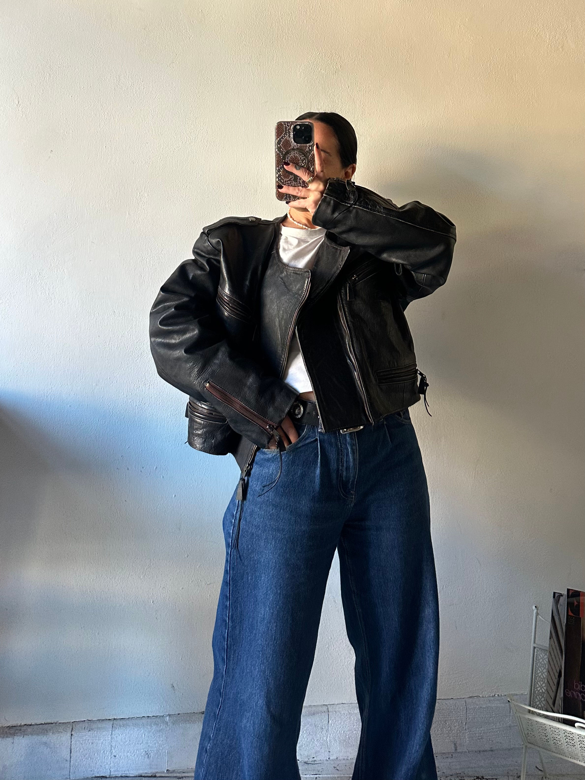 Real leather black chiodo