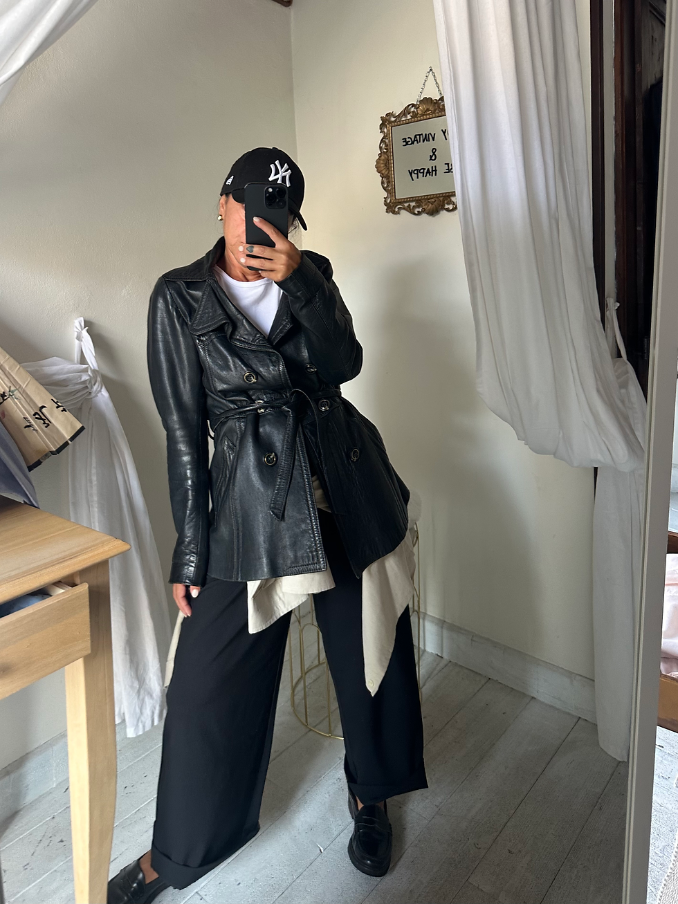 Real leather black midi trench