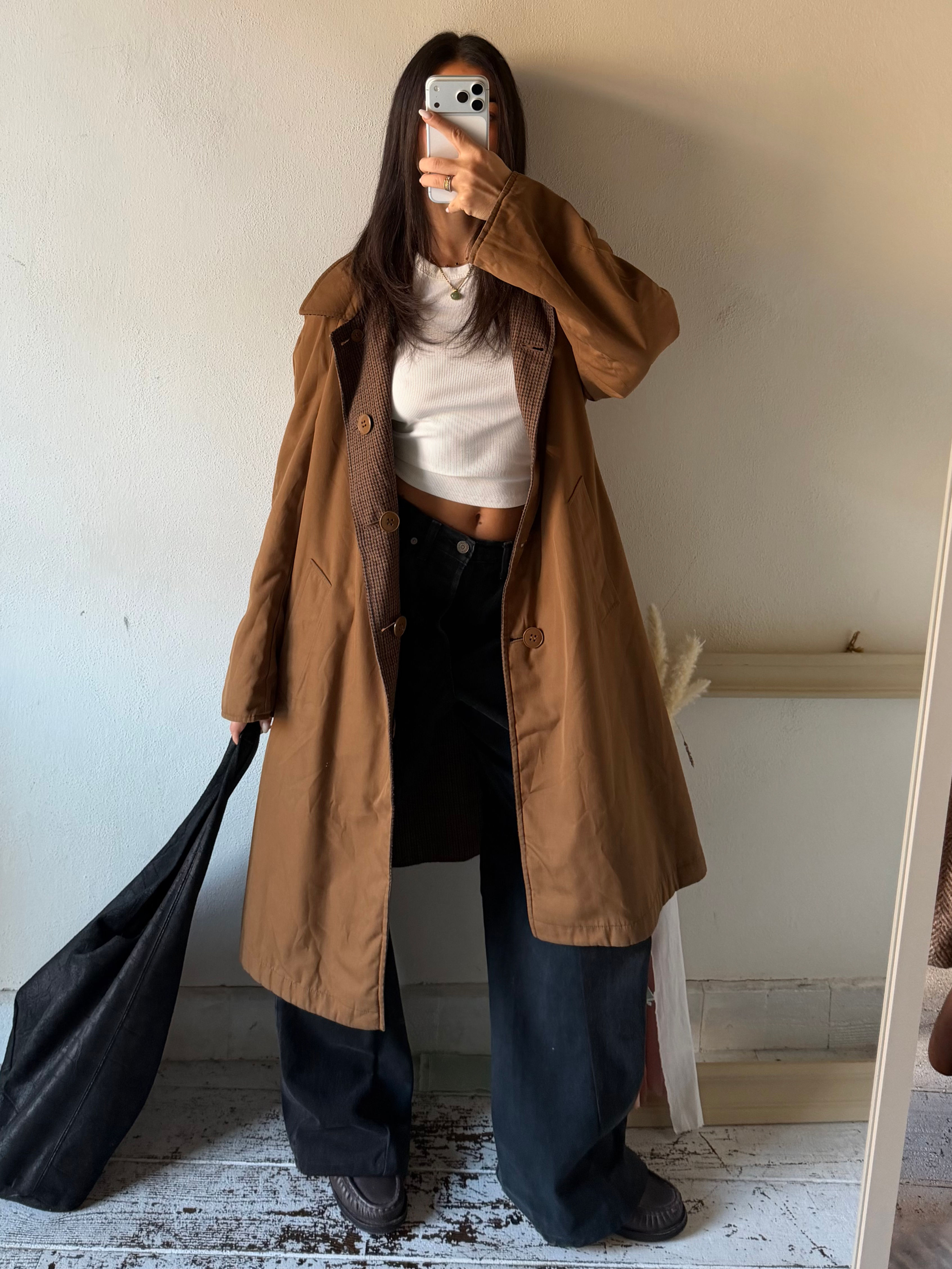 Double face camel & checked coat