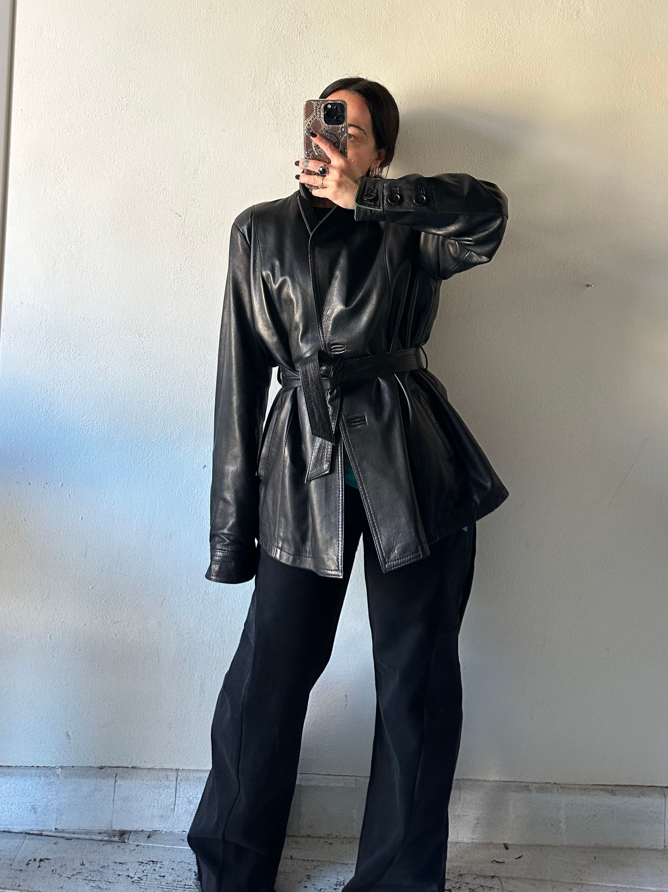 Black leather belt jacket