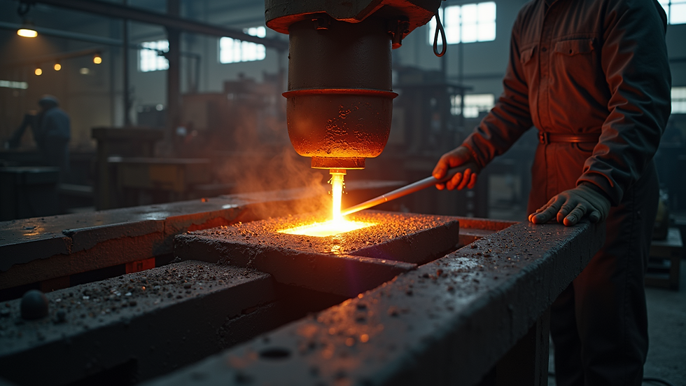 High angle view of steel forging process in industrial workshop