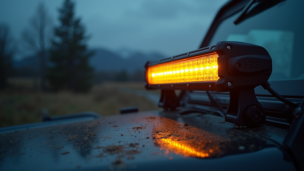 Eye-level view of LED light bar mounted on off-road vehicle roof