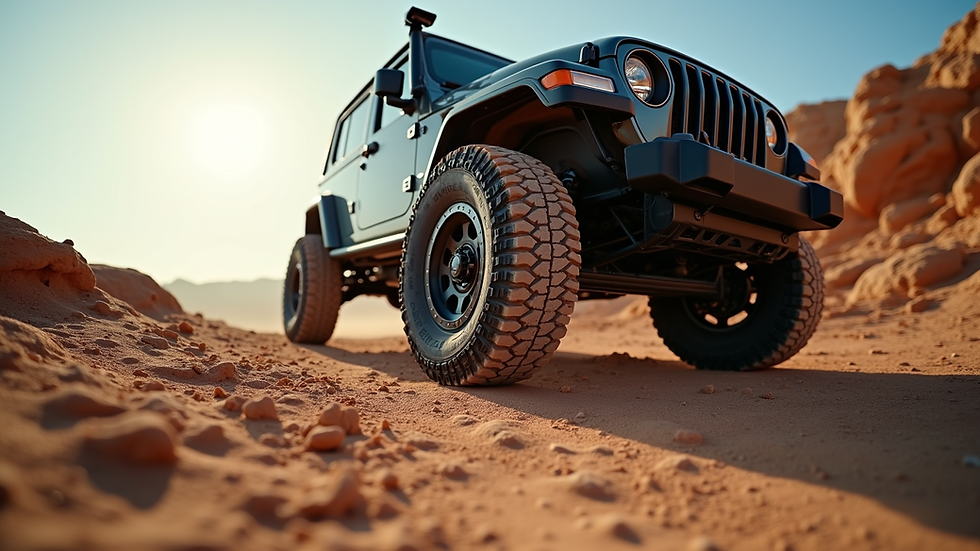 Eye-level view of off-road vehicle with large tires and custom wheels on dirt trail