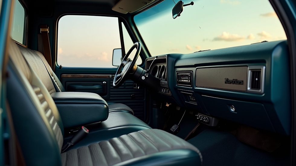 Close-up view of a custom truck interior with upgraded seats and dashboard