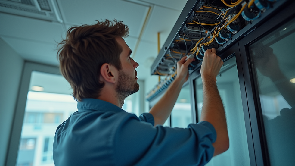 High angle view of technician installing Cat6 cables in office ceiling