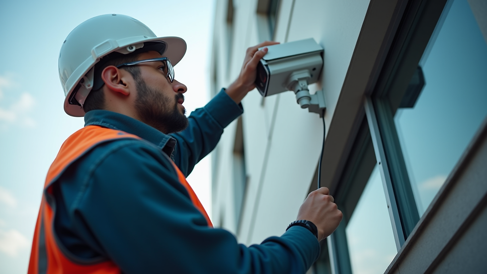 Close-up view of a security technician installing a surveillance camera on a commercial building
