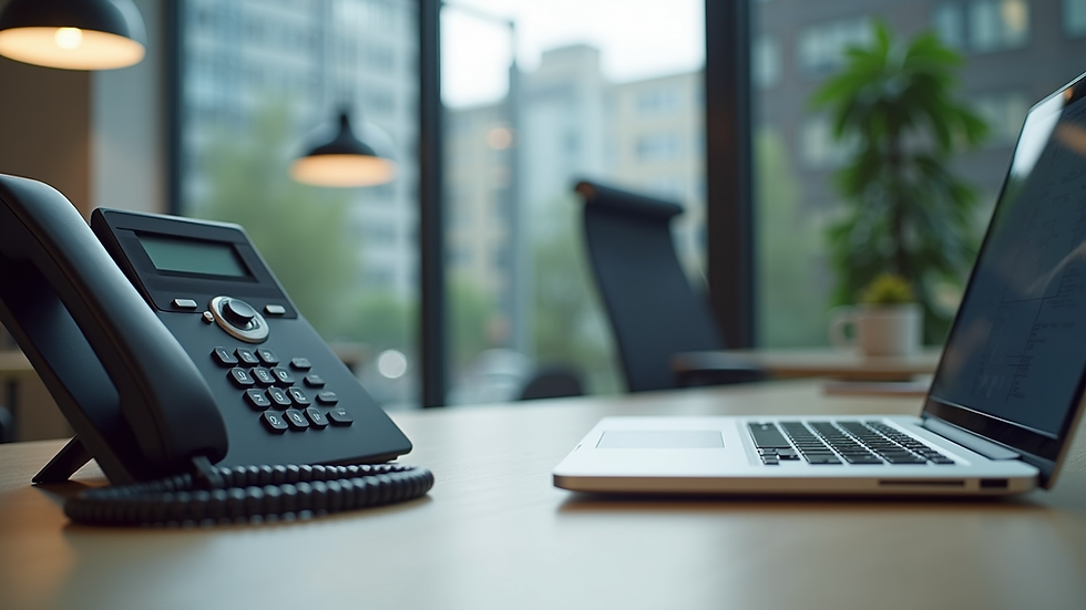 Eye-level view of a modern office desk with VoIP phone and laptop